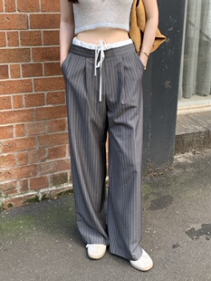 韩国chic复古撞色抽绳系带条纹高腰直筒阔腿休闲裤 拖地长裤