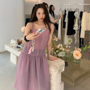 韩国张子萱明星同款方领连衣裙宽松慵懒风纽扣装饰无袖背心中长裙