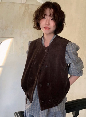 韩国 viaplain同款25秋冬法式复古休闲灯芯绒双排扣马甲背心外套