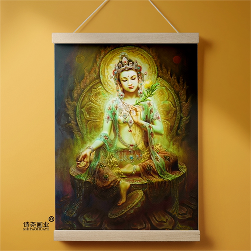 绿度母画像挂轴观音化身绿度母挂轴唐卡敦煌飞天网红精美佛像挂画