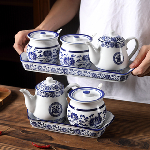 青花瓷醋壶辣椒罐套装 家用陶瓷酱油醋调料瓶商用调味罐厨房盐罐子