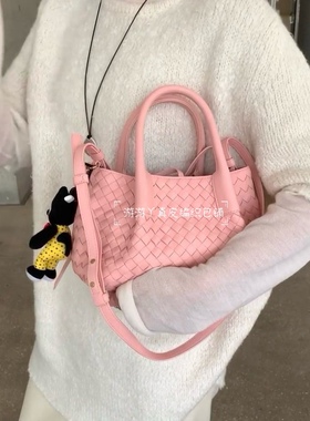 日韩风Pinacoteca小号真皮编织手提单肩斜挎女士双面用粉红色小包