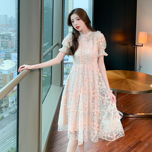 RM16452#重工刺绣网纱女2022年夏装新款长袖高端名媛气质大摆连衣裙