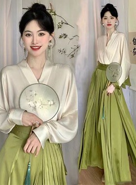 改良汉服女成人中国风日常现代浅绿色百迭裙通勤套装