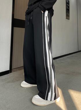 YOA夏季新款条纹运动休闲裤男长裤直筒裤子高街潮牌阔腿裤K24304