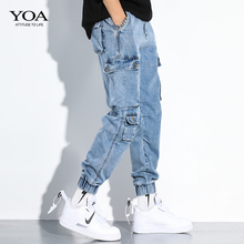 YOA春季潮牌工装牛仔裤男宽松哈伦束脚裤ins多口袋嘻哈百搭裤子男