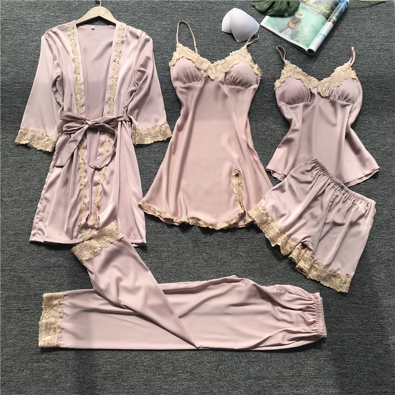 性感睡衣女夏冰絲五件套裝吊帶睡裙帶胸墊蕾絲睡袍薄款絲綢家居服