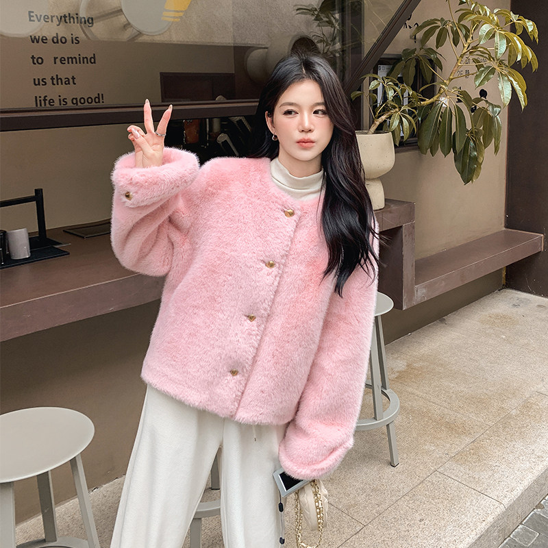 有货款2025冬季粉色水貂毛皮毛一体外套2C002A620P160K238,女装皮草,2C002