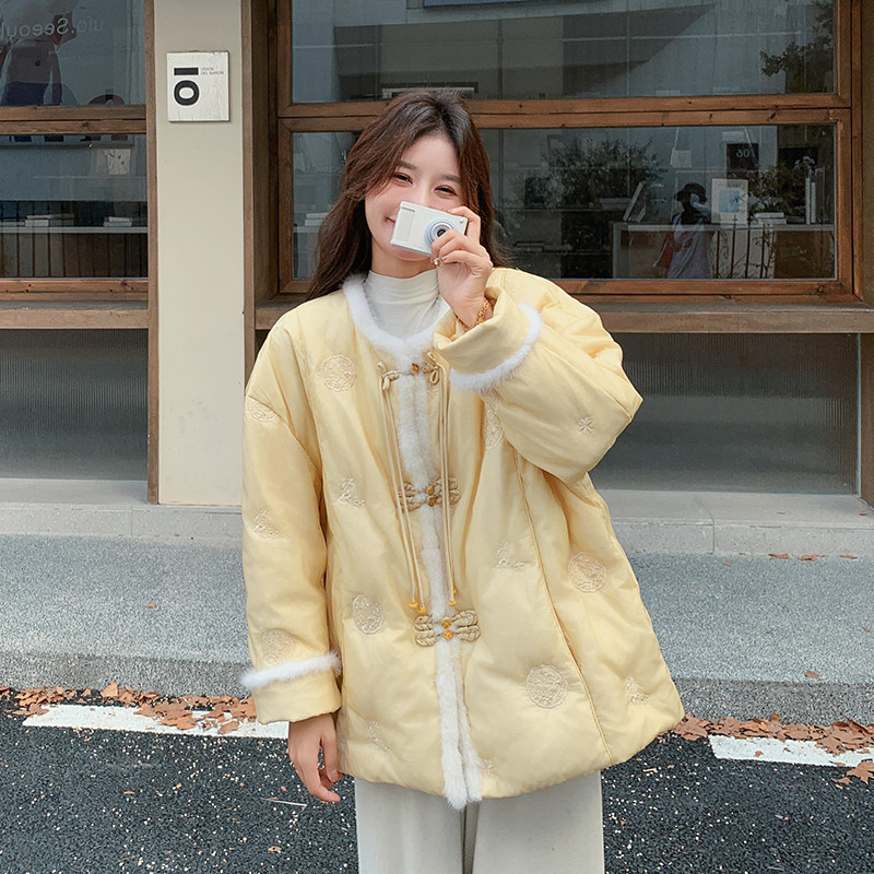 大量有货真水貂毛新中式黄色刺绣羽绒服2C002A606P285K428,女装羽绒服,2C002