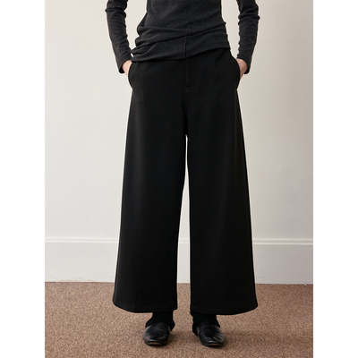 SOMETHING 混纺毛呢柔软亲 肤弧形九分长裤 黑色保暖挺括休闲长裤