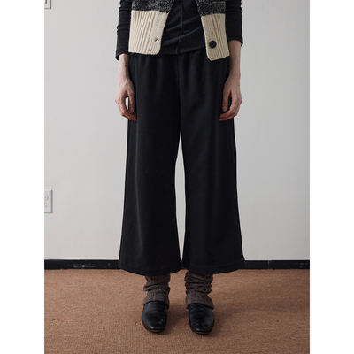 黑色毛呢八分裤 口袋拼接撞色 显瘦直筒松紧腰 中长裤