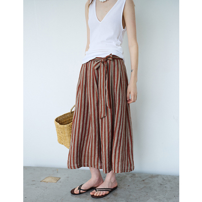 SOMETHING全亚麻红棕条纹绑带半身裙 法式慵懒长裙