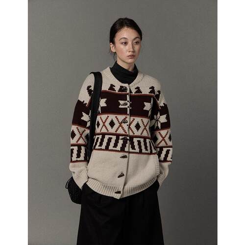 SOMETHING100%羊毛冬日氛围橘粽撞色费尔岛牛角扣毛衣