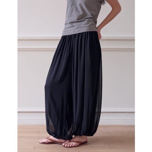 SOMETHING 黑色纱感垂软有型显瘦灯笼裤全松紧腰 防透懒人裤