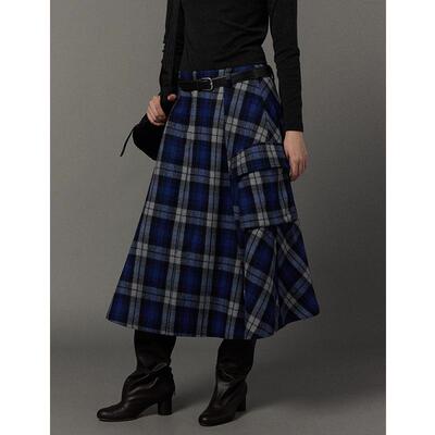 SOMETHING立体剪裁复古羊毛蓝格纹半裙