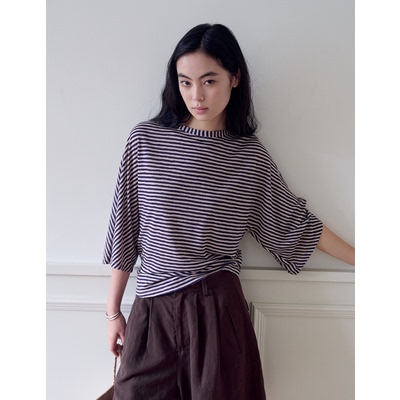 SOMETHING 兰精天丝与亚麻混纺蓝米条纹五分袖收腰喇叭袖上衣