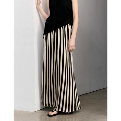 缎面感人丝麻高腰直筒条纹长裙