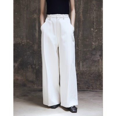 宽松直筒倒褶设计汉麻阔腿长裤