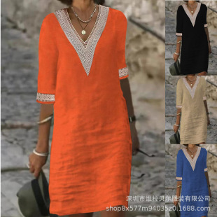 夏季欧美女装亚马逊独立站纯色V领蕾丝边中袖棉麻休闲连衣裙dress