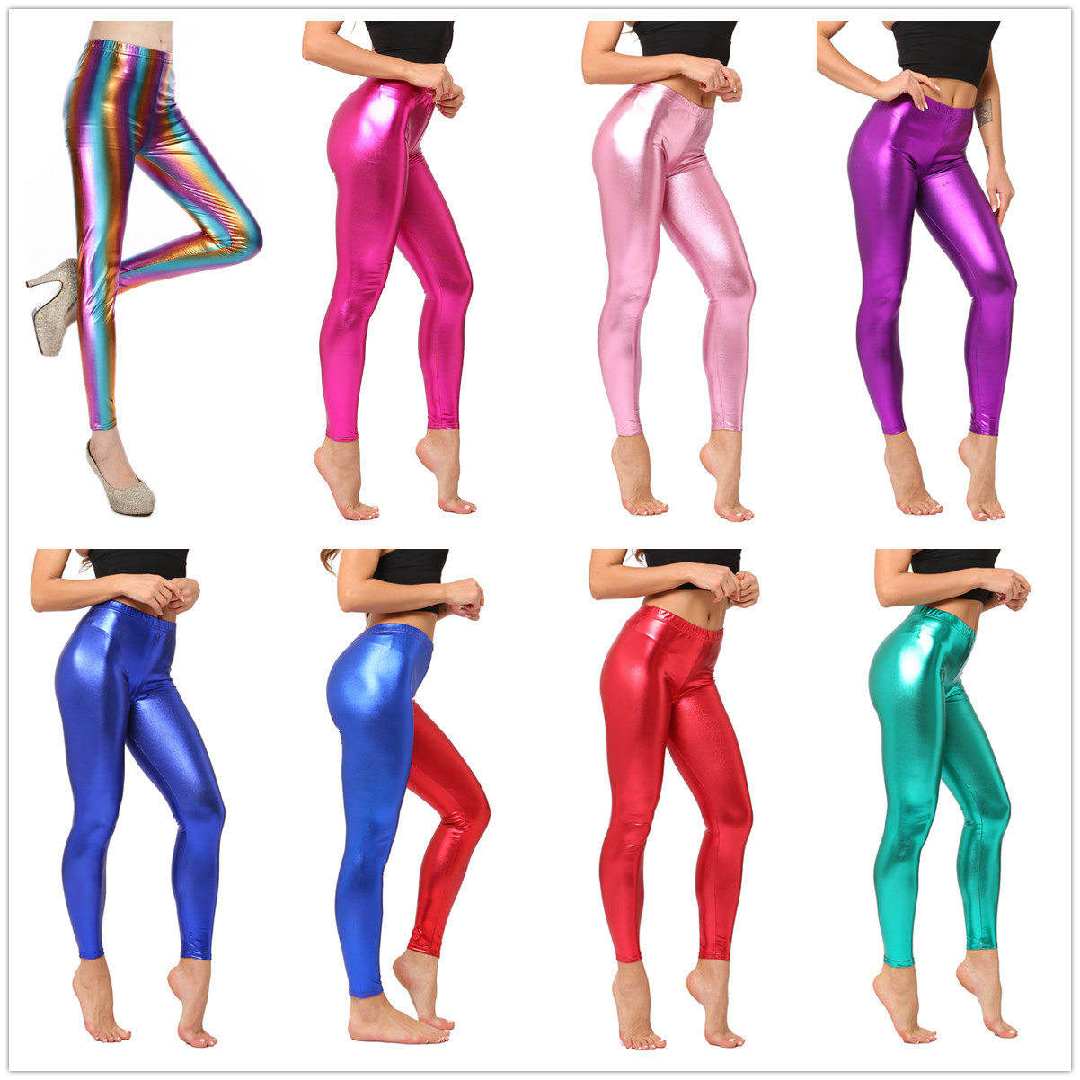 2021烫金仿皮多码打底糖果色夜店显瘦皮裤亮光九分裤Pu leggings