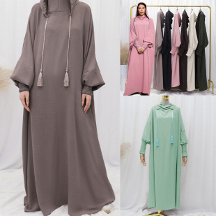 长袍连衣裙Dress 跨境中东阿拉伯土耳其纯色宽松连帽流苏女士时尚