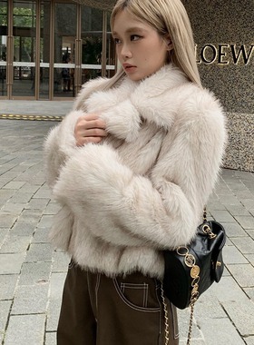 环保毛皮草外套女冬大翻领短款毛茸茸上衣仿狐狸毛Faux fur coat