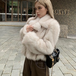 coat fur 环保毛皮草外套女冬大翻领短款 毛茸茸上衣仿狐狸毛Faux