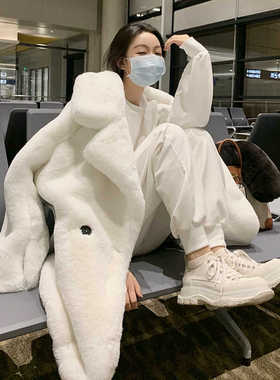 2024韩版冬季仿兔毛外套宽松仿皮草西装领白色加厚毛绒大衣coat