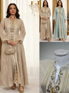 跨境外贸中东女装时尚网纱珠片贴花套头假两件腰带连衣裙Dress