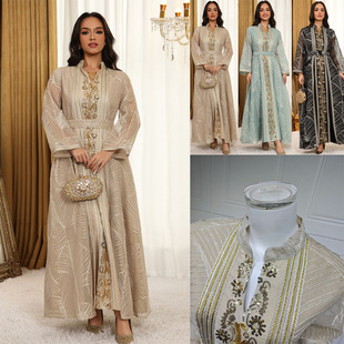 跨境外贸中东女装 网纱珠片贴花套头假两件腰带连衣裙Dress 时尚