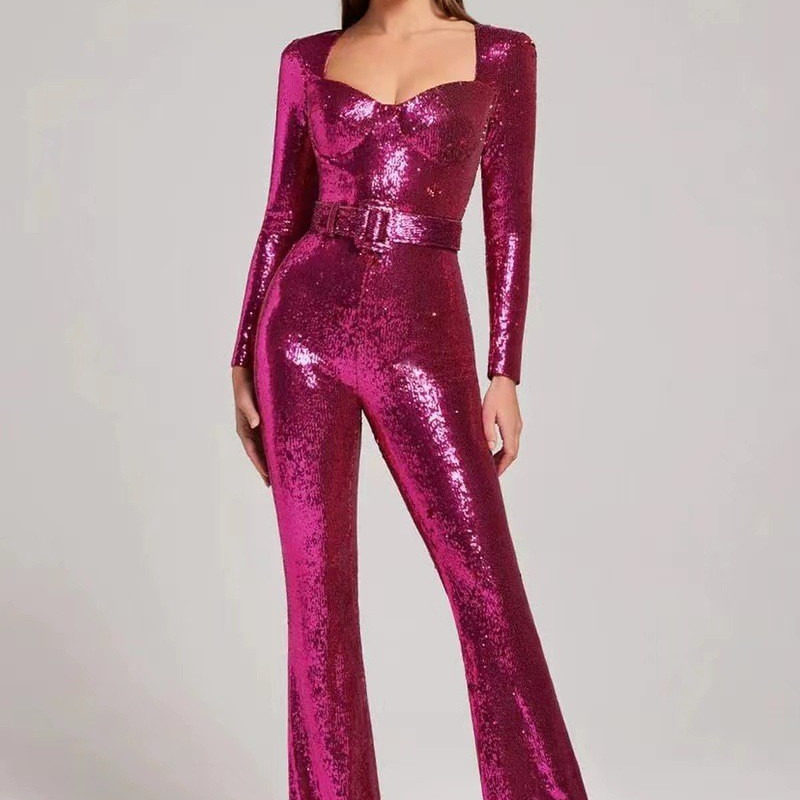 欧美性感修身全亮片宽领长袖微喇长裤包臀腰带女连体裤jumpsuit