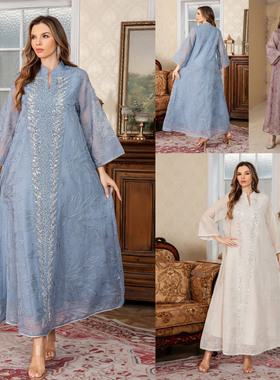 2026跨境印尼新款网纱刺绣长袍中东服饰迪拜珠片连衣长裙Dress
