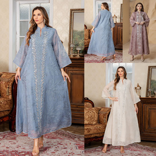 2026跨境印尼新款网纱刺绣长袍中东服饰迪拜珠片连衣长裙Dress