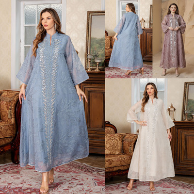 跨境新款网纱刺绣珠片长袍连衣裙