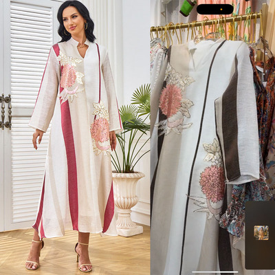 迪拜绣花珠片花朵大码长袍连衣裙