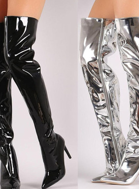 2021秋新款银色过膝欧美风细高跟大码时装女长靴Knee-high boots