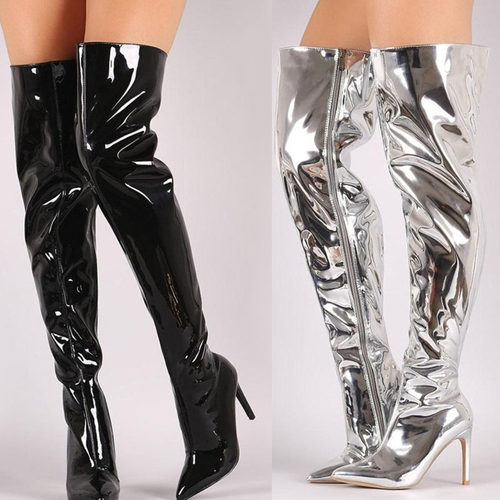 boots银色过膝欧美风高跟长靴