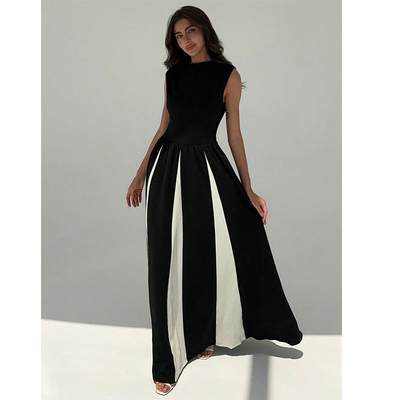 圆领无袖背心撞色礼服连衣长裙