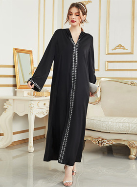 阿拉伯沙特迪拜印尼跨境秋冬季连帽V领黑色长袍连衣长裙Dresses