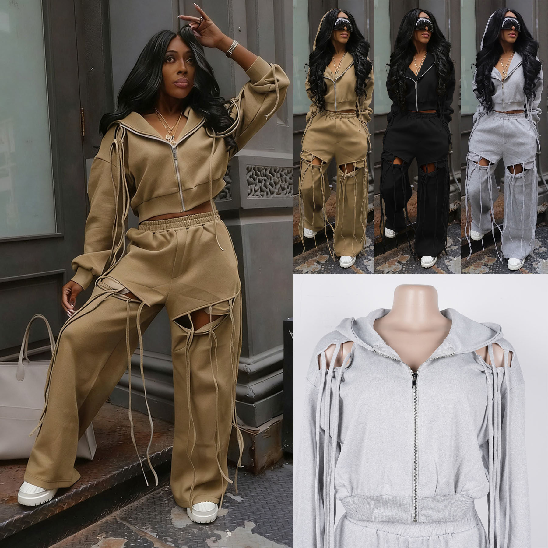 春女跨境连帽拉链开衫阔腿长裤松紧腰破洞流苏纯色休闲套装suit,女装/女士精品,休闲运动套装,淘宝优惠券,粉丝福利购,淘宝优惠卷