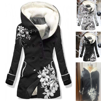 秋冬连帽加绒女修身印花外套上衣