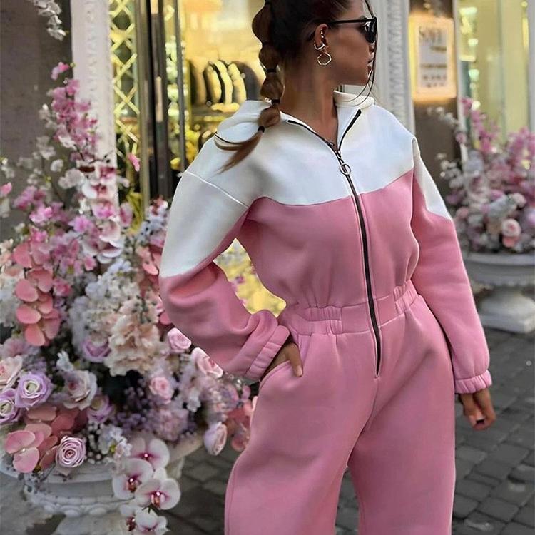 新款女装秋欧美风运动休闲连帽长袖撞色连体长裤拉链套装jumpsuit