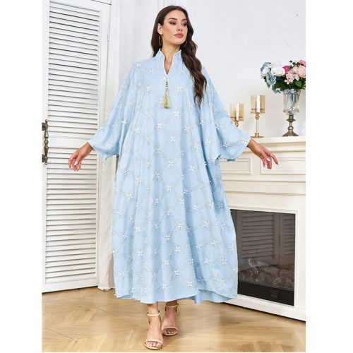 跨境蝙蝠袖宽松刺绣大码连衣裙