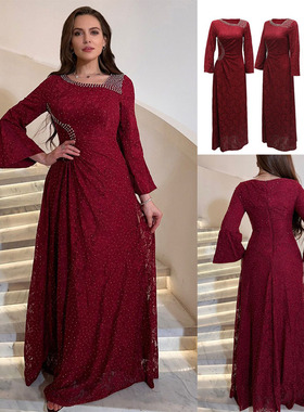 2026春跨境中东长袍蕾丝烫钻修身时尚年会礼服红色连衣长裙Dress