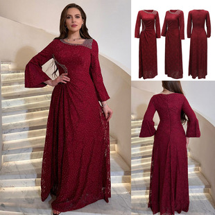 2026春跨境中东长袍蕾丝烫钻修身时尚年会礼服红色连衣长裙Dress