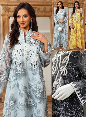 跨境绣花亮片V领礼服连衣裙Dress