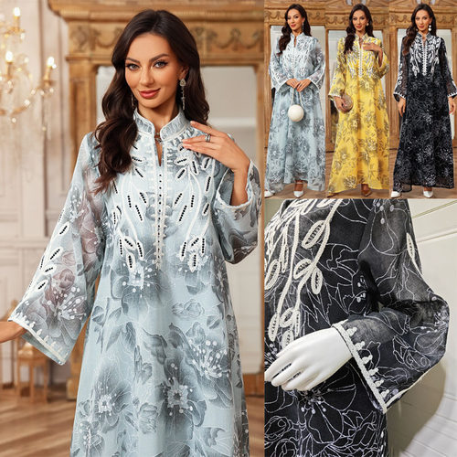 跨境绣花亮片V领礼服连衣裙Dress