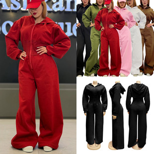 欧美春秋冬女连帽拉链弹力收腰连体运动休闲纯色阔腿长裤jumpsuit