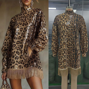 2026春秋欧美跨境时尚 流苏短豹纹连衣裙Dress 金属棕亮片高领长袖