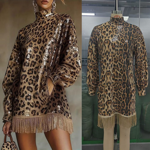 跨境亮片豹纹流苏高领长袖连衣裙